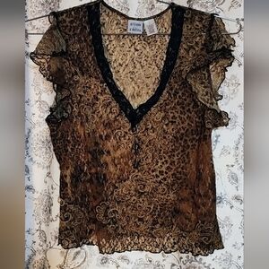 Gilligan & O'Malley Lace V-Neck Top - Brown and Black